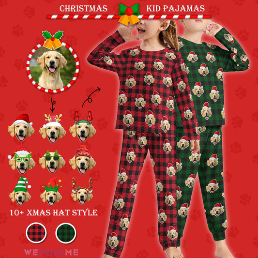 Custom Pet Face Pajamas Santa Red Plaid Kids Long Sleeve Pajama Set