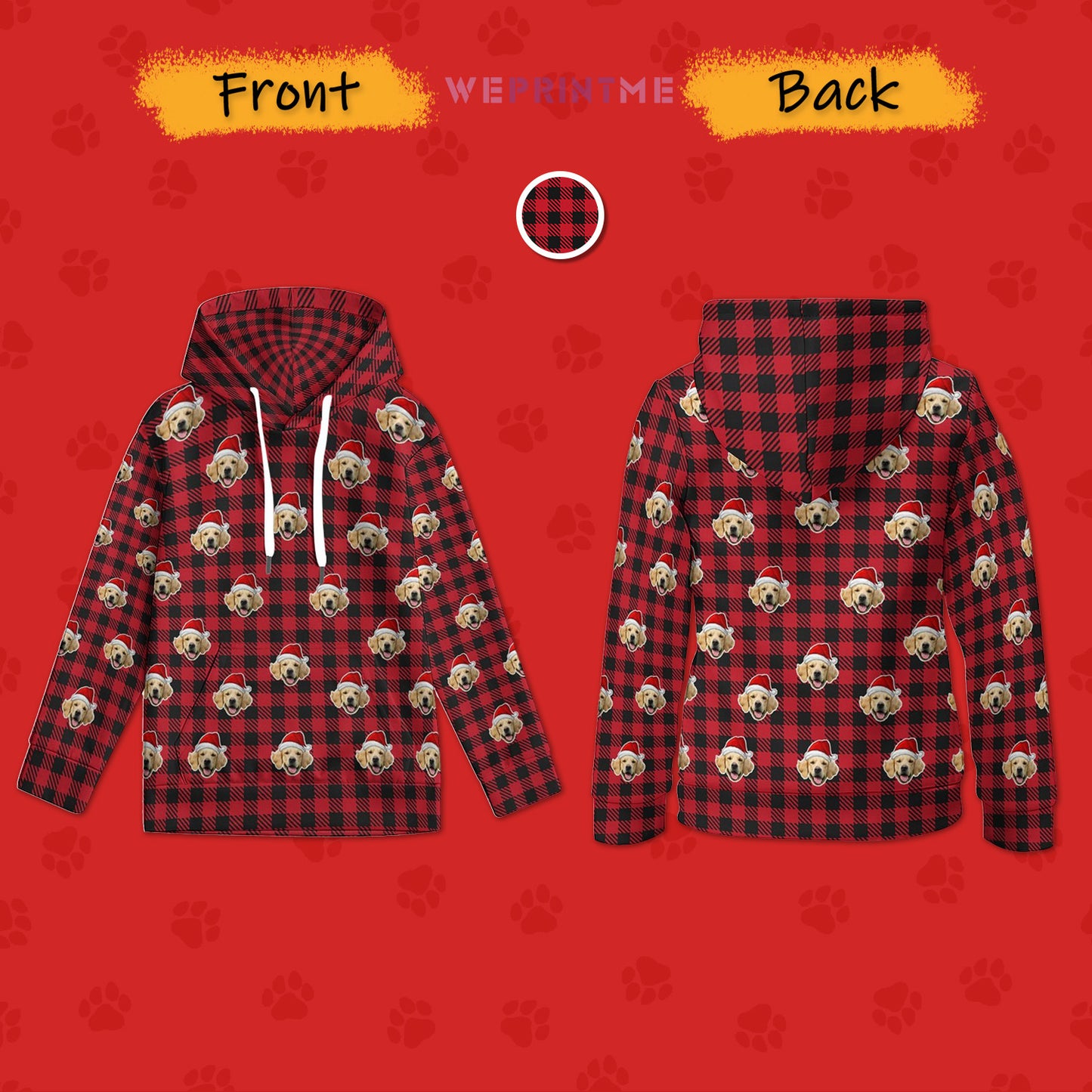 Custom Pet Face Hoodies Santa Red Plaid Hoodies For Kids