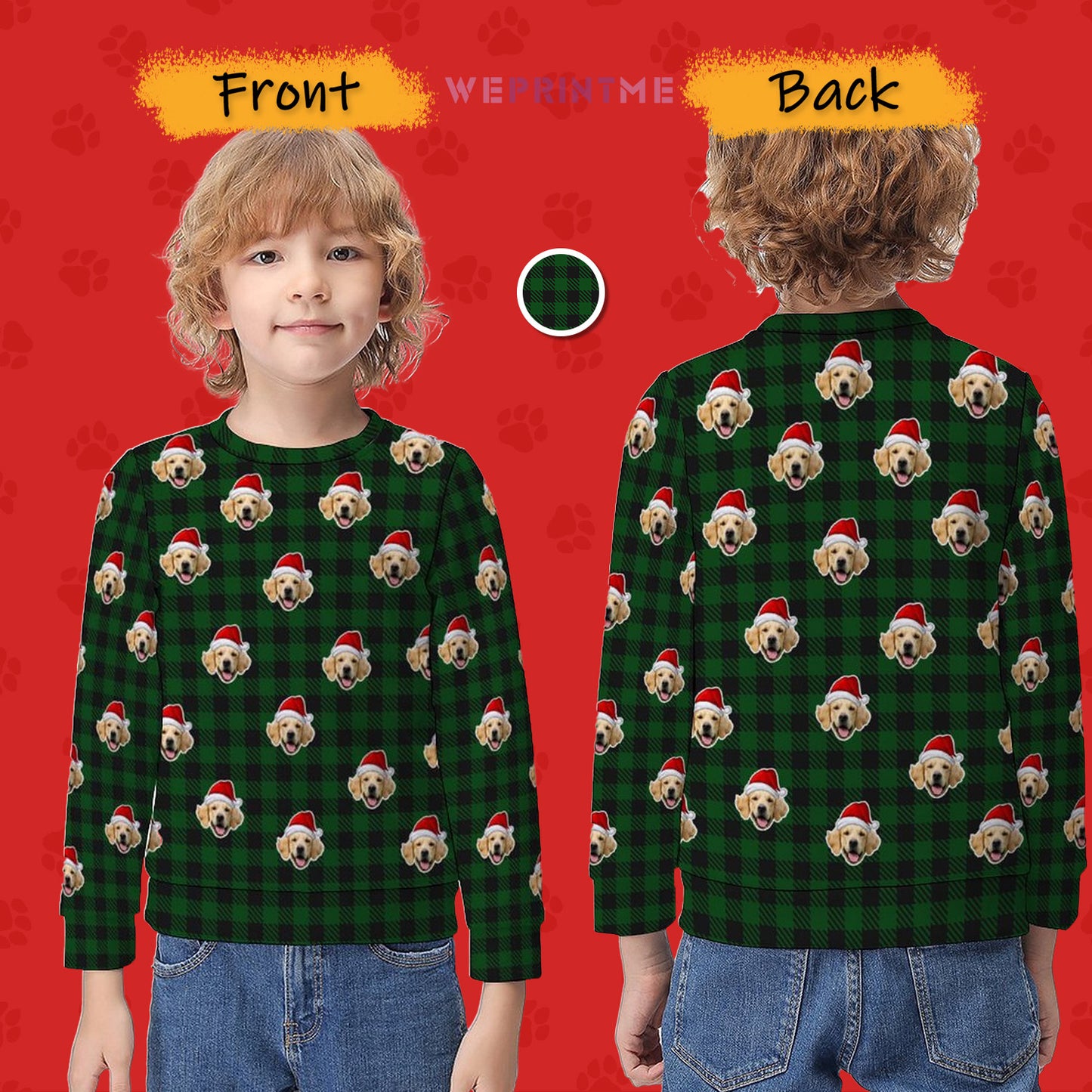 Custom Pet Face Sweatshirt Santa Red Plaid Kids Sweatshirt