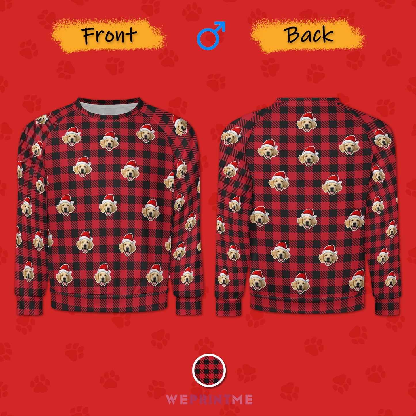 Custom Pet Face Sweatshirt Santa Red Plaid Men's Sweatshirt