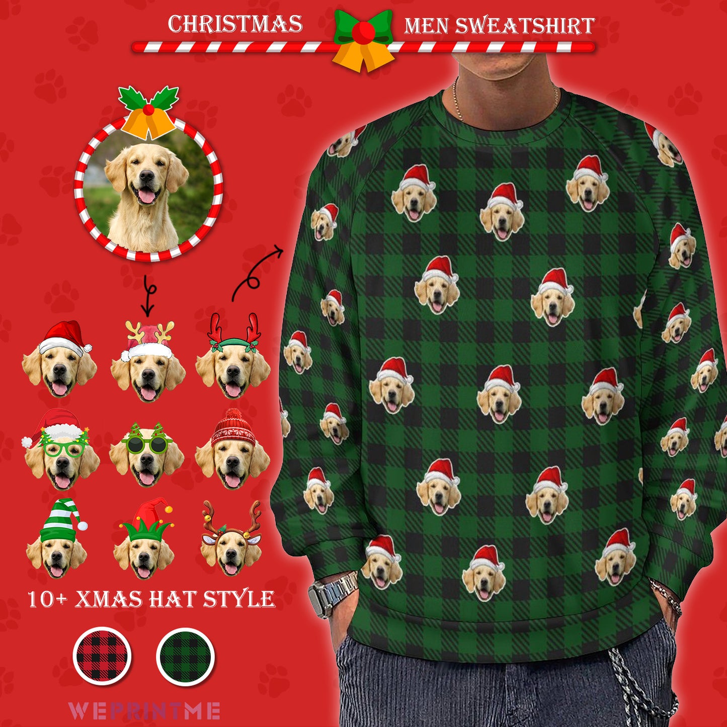 Custom Pet Face Sweatshirt Santa Red Plaid Men's Sweatshirt