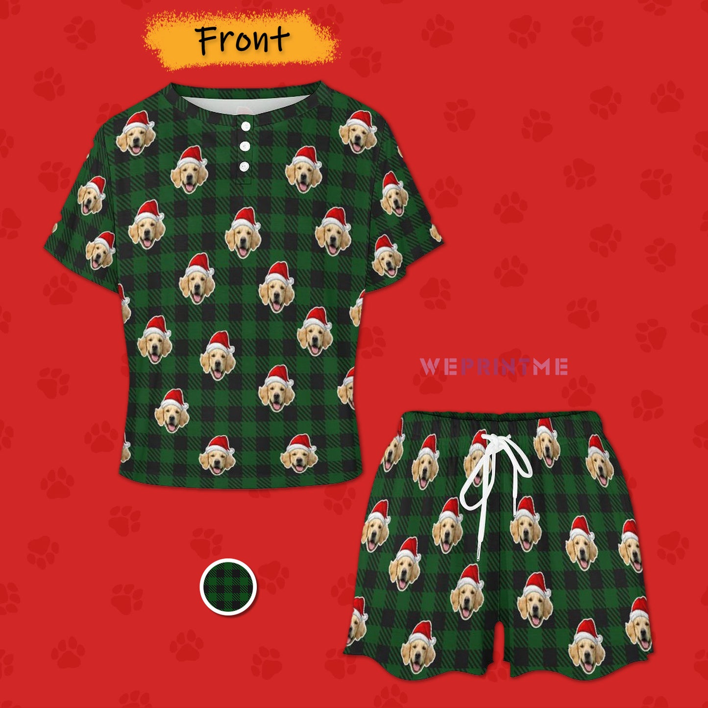 Custom Pet Face Pajamas Santa Red Plaid Women's Short Pajama Set