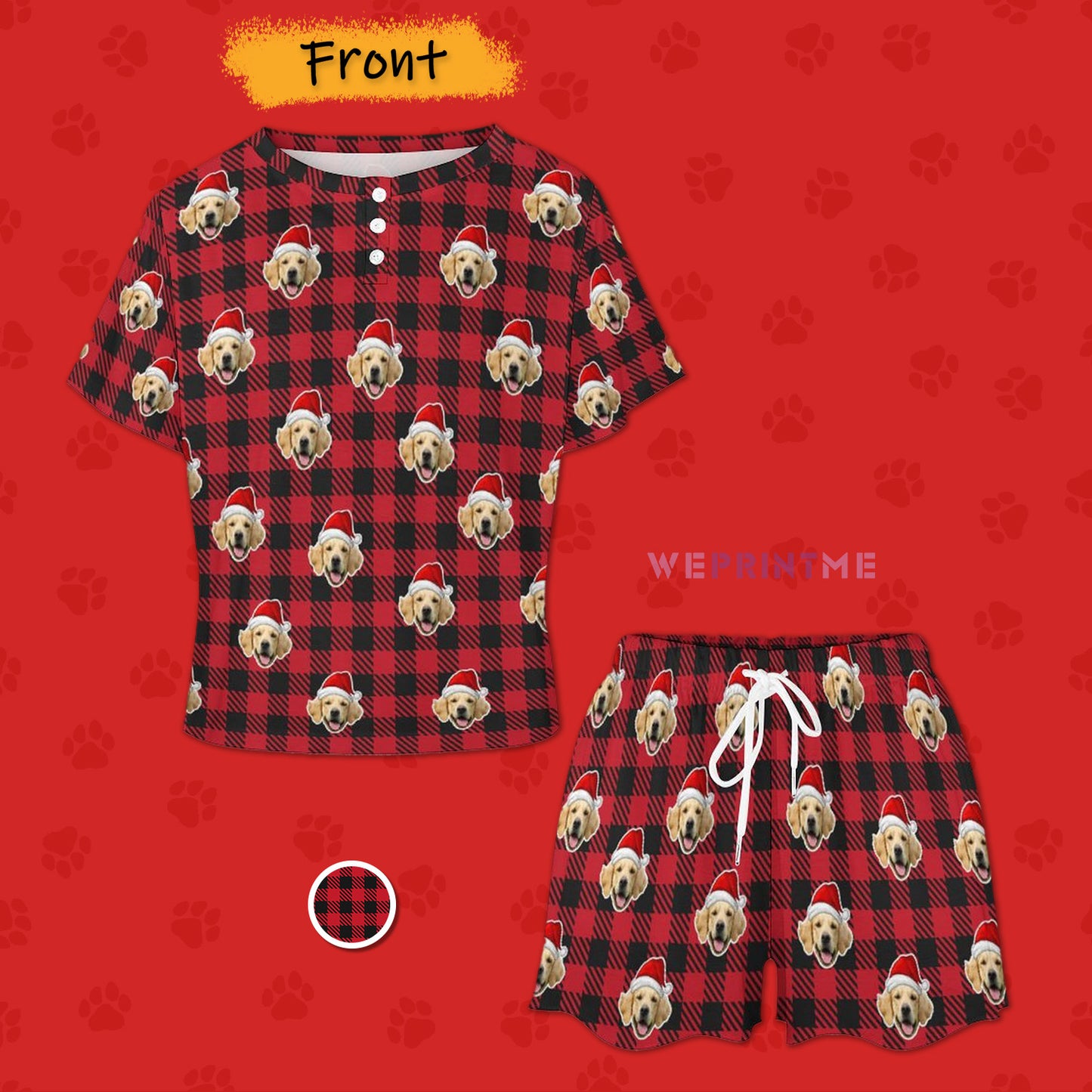 Custom Pet Face Pajamas Santa Red Plaid Women's Short Pajama Set