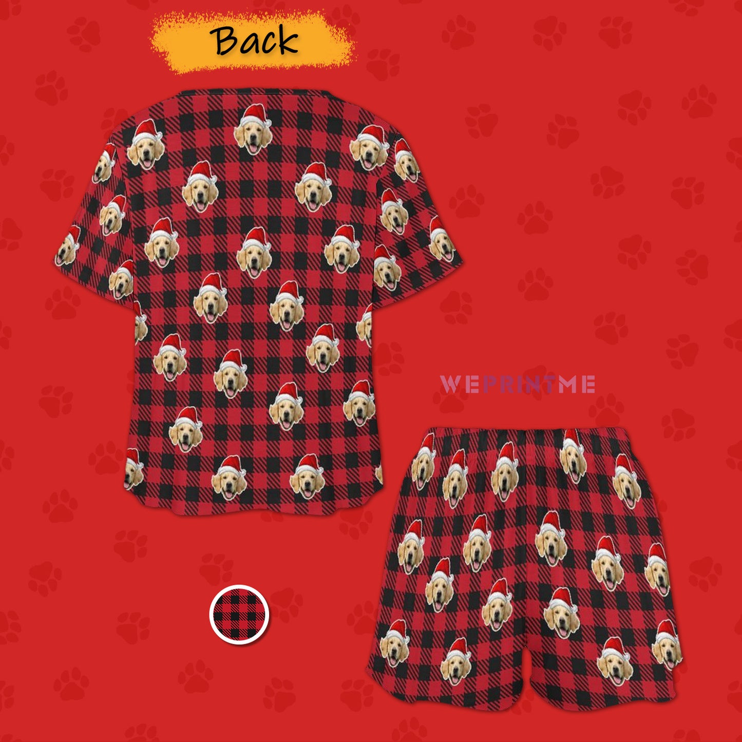 Custom Pet Face Pajamas Santa Red Plaid Women's Short Pajama Set