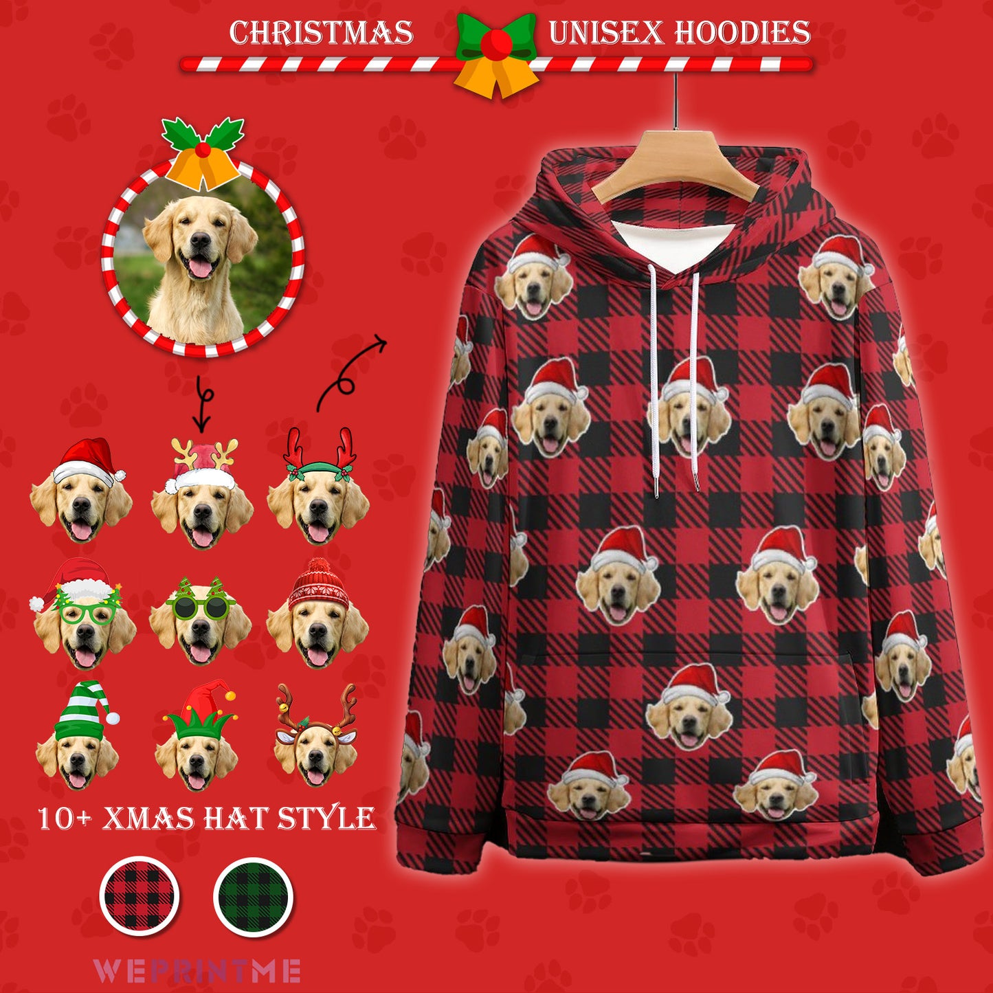 Custom Pet Face Hoodies Santa Red Plaid Hoodies