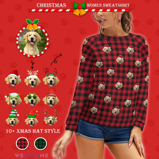 Custom Pet Face Pajamas Santa Red Plaid Women's Sweatshirt