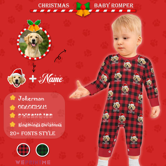 Custom Pet Face&Name Baby Romper Santa Hat Red Plaid Romper