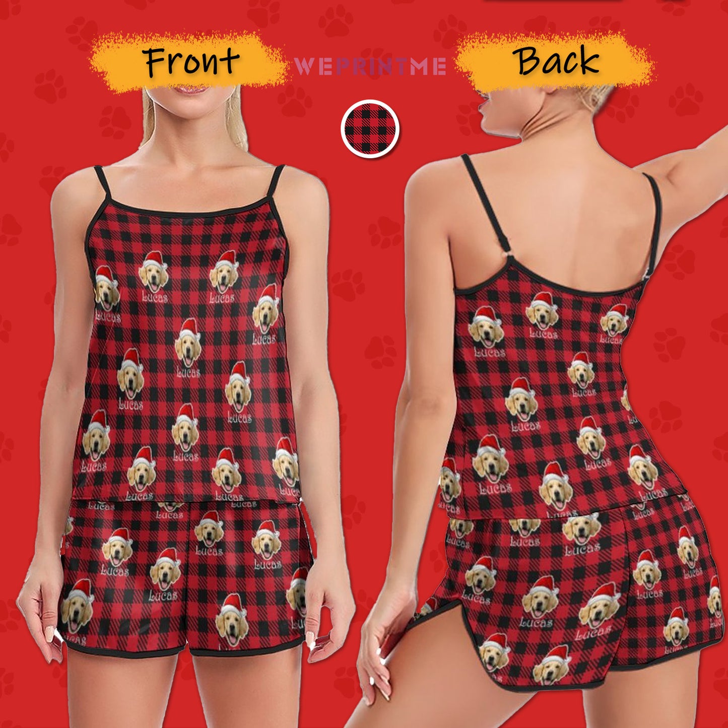 Custom Pet Face&Name Santa Hat Red Plaid Women's Cami Pajama Set