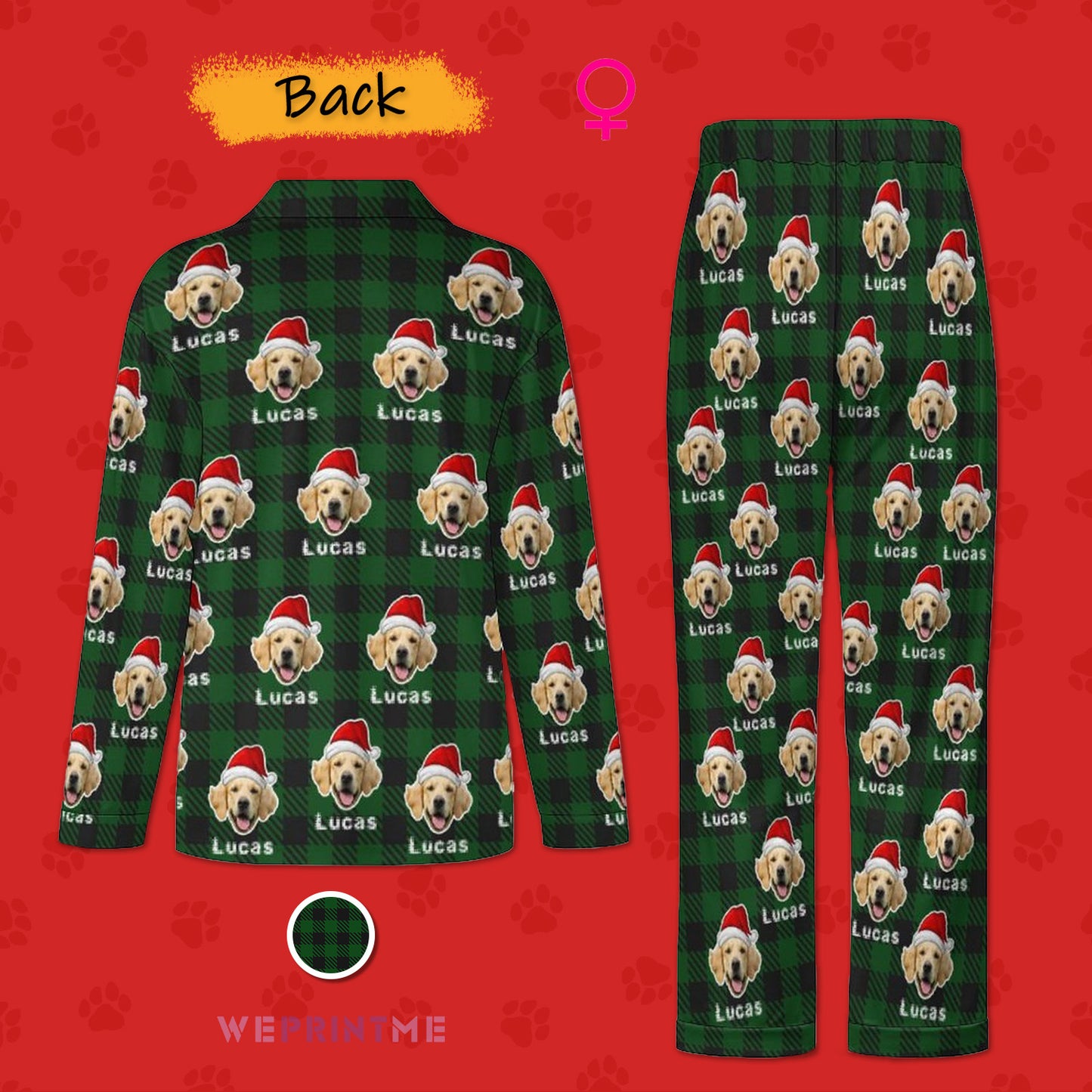 Custom Pet Face&Name Santa Hat Red Plaid Couple Matching Christmas Pajamas