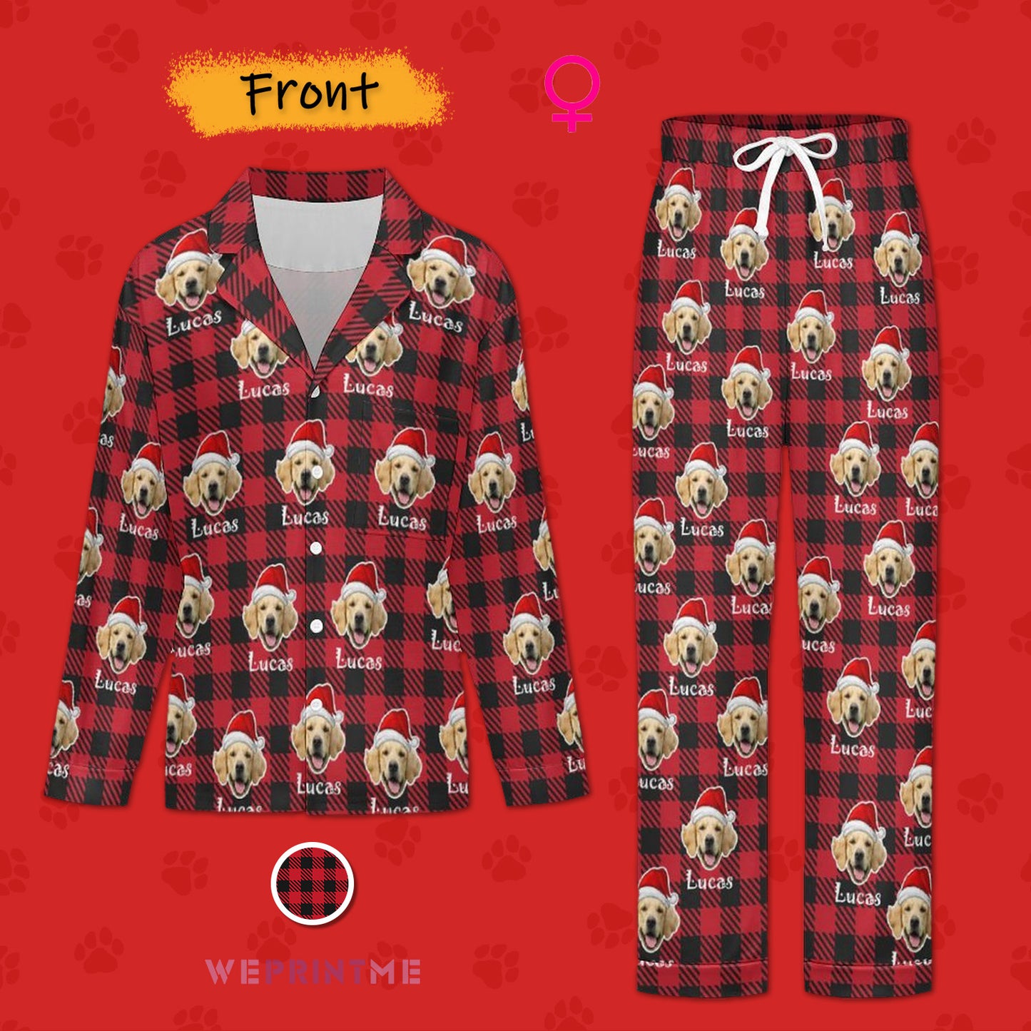 Custom Pet Face&Name Santa Hat Red Plaid Couple Matching Christmas Pajamas