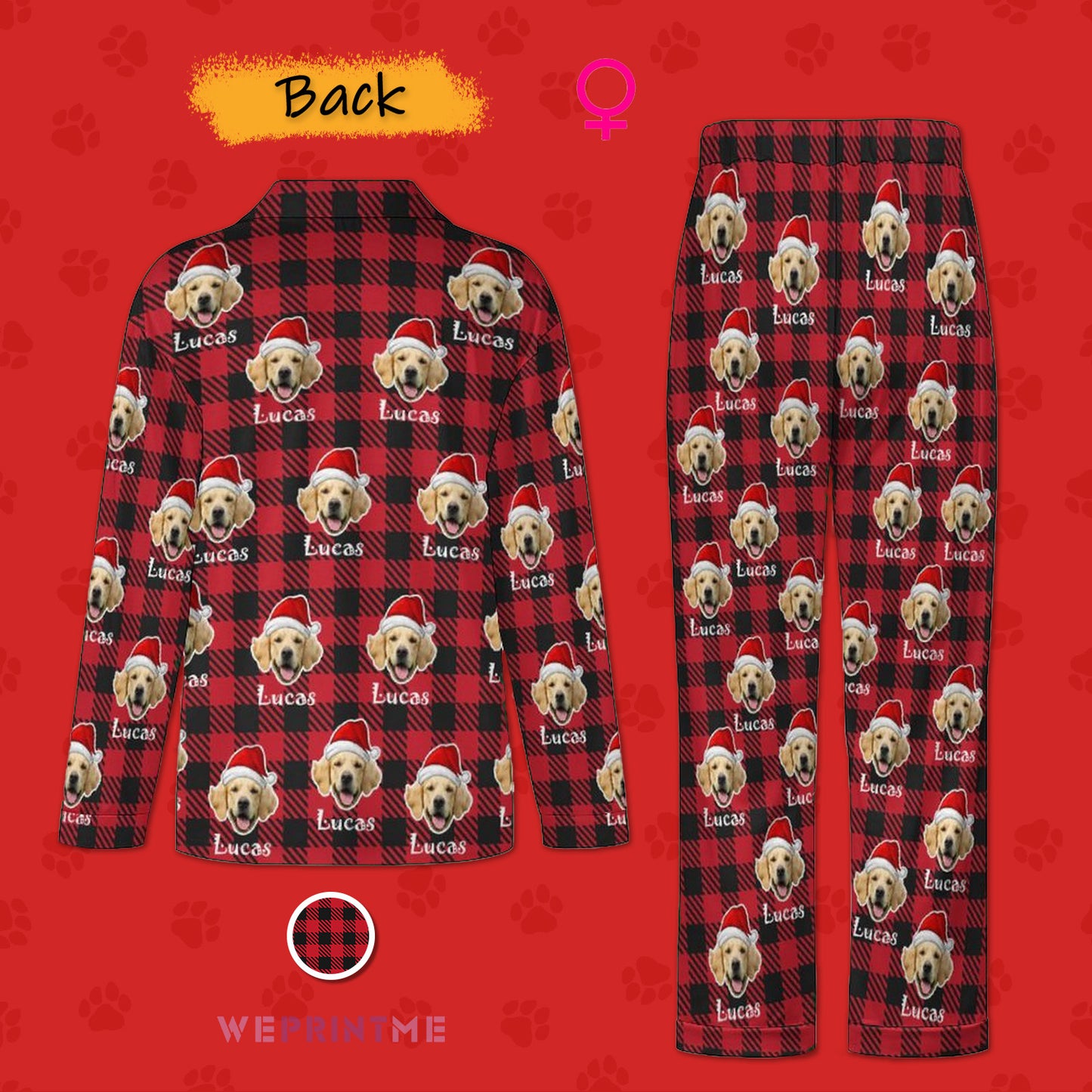 Custom Pet Face&Name Santa Hat Red Plaid Couple Matching Christmas Pajamas