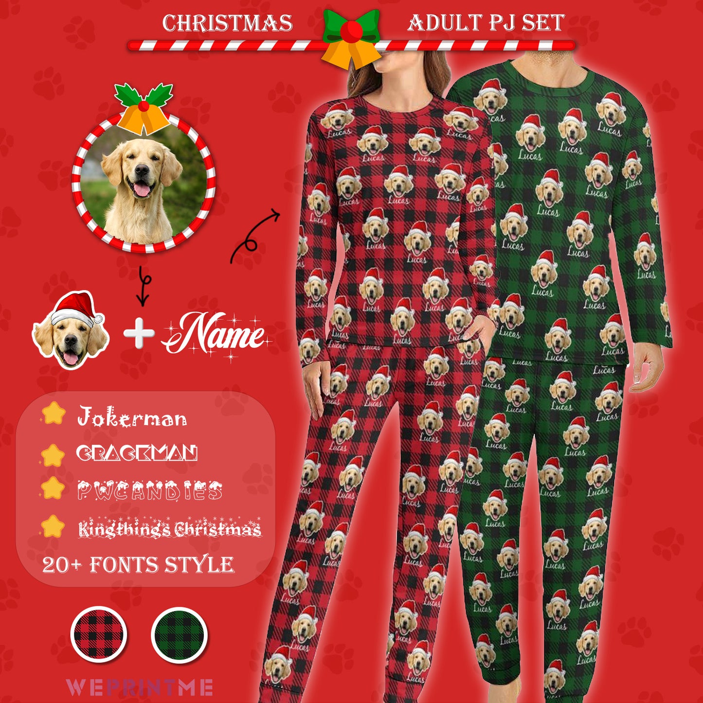 Custom Pet Face&Name Santa Hat Red Plaid Couple Matching Pajamas