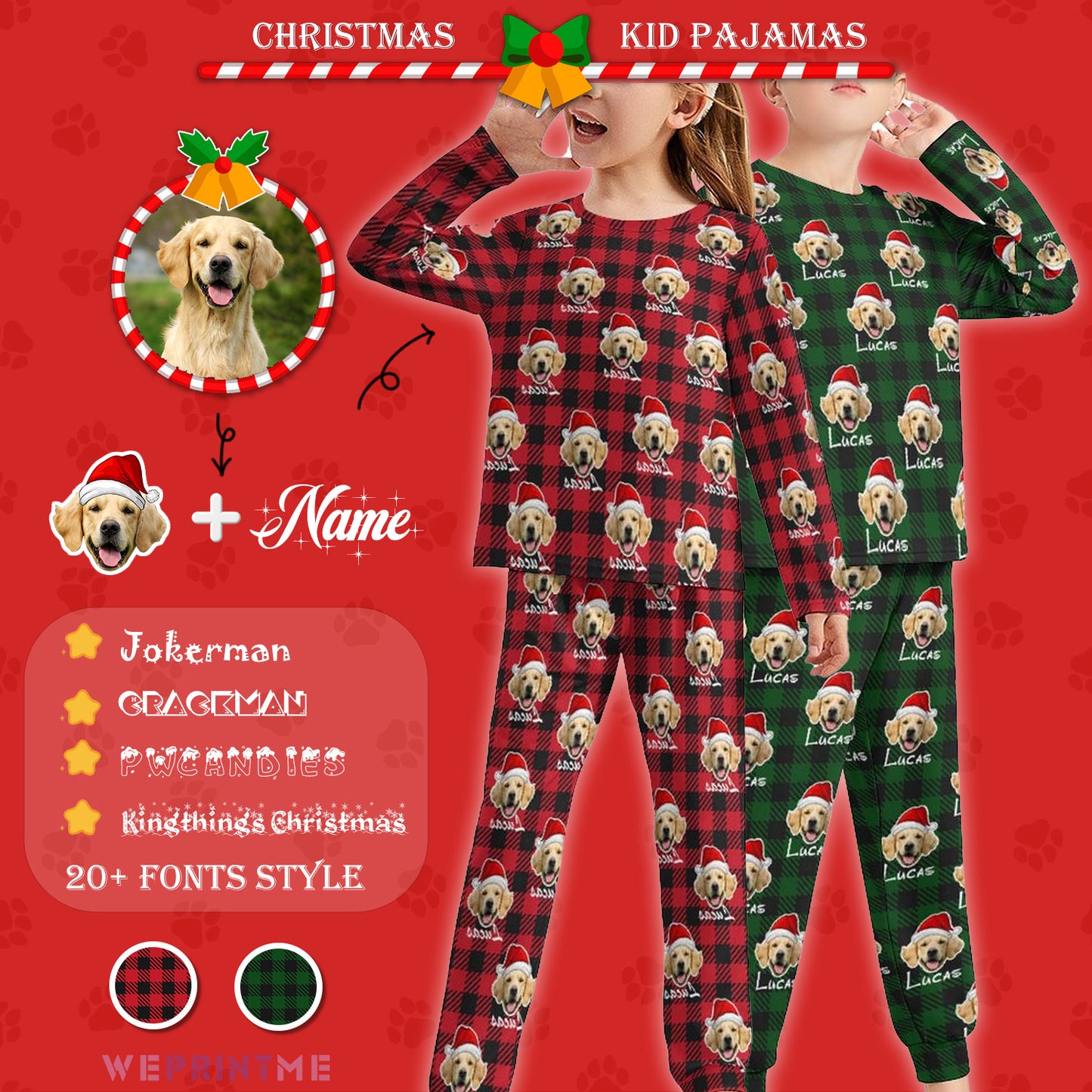 Custom Pet Face&NameSanta Hat Red Plaid Kids Long Pajama Set