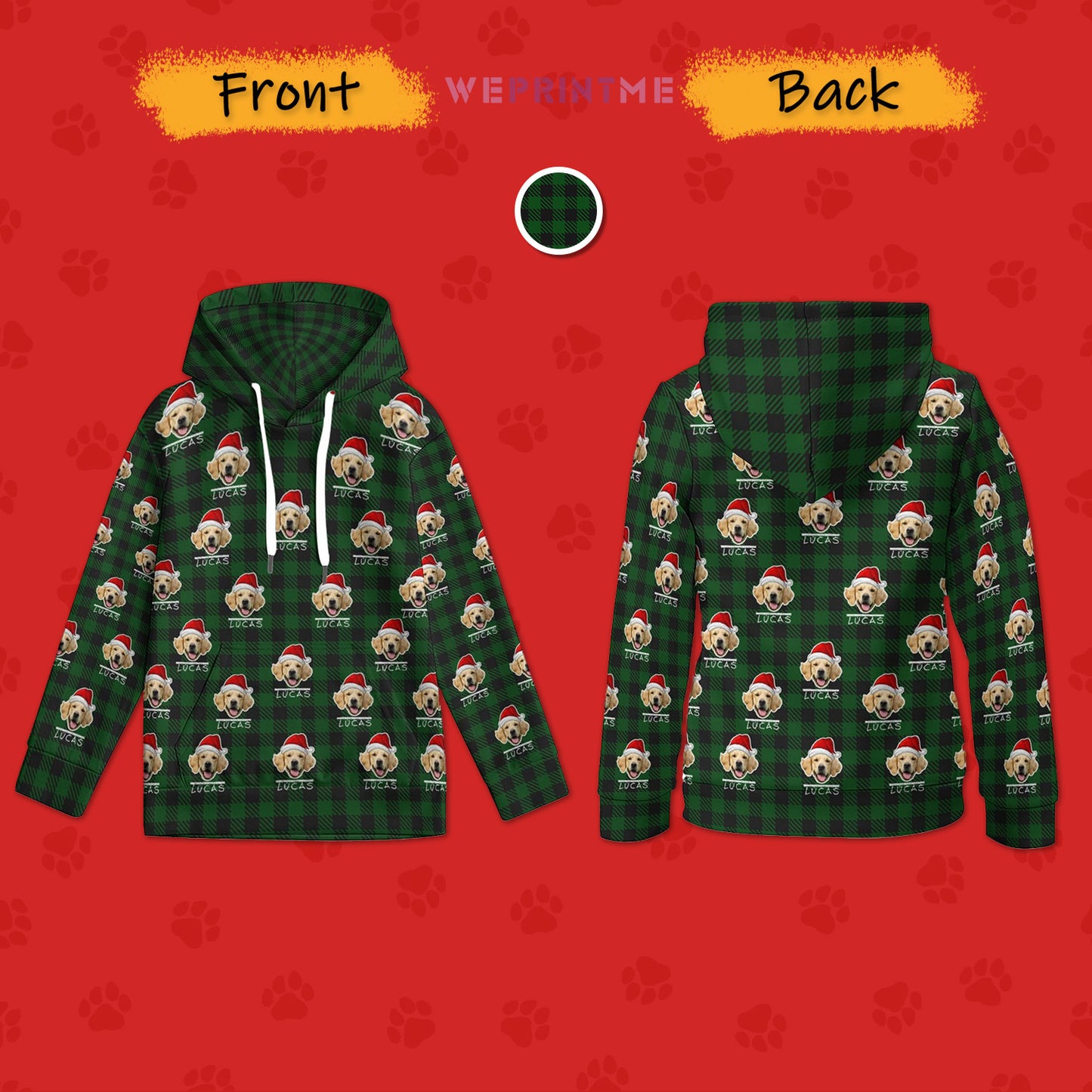 Custom Pet Face&Name Santa Hat Red Plaid Hoodies For Kids