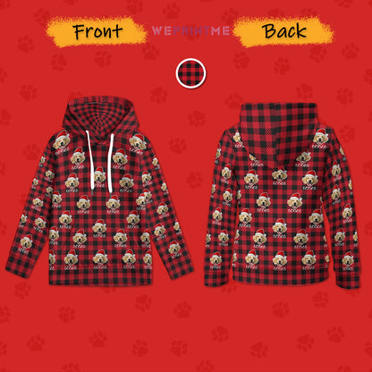 Custom Pet Face&Name Santa Hat Red Plaid Hoodies For Kids