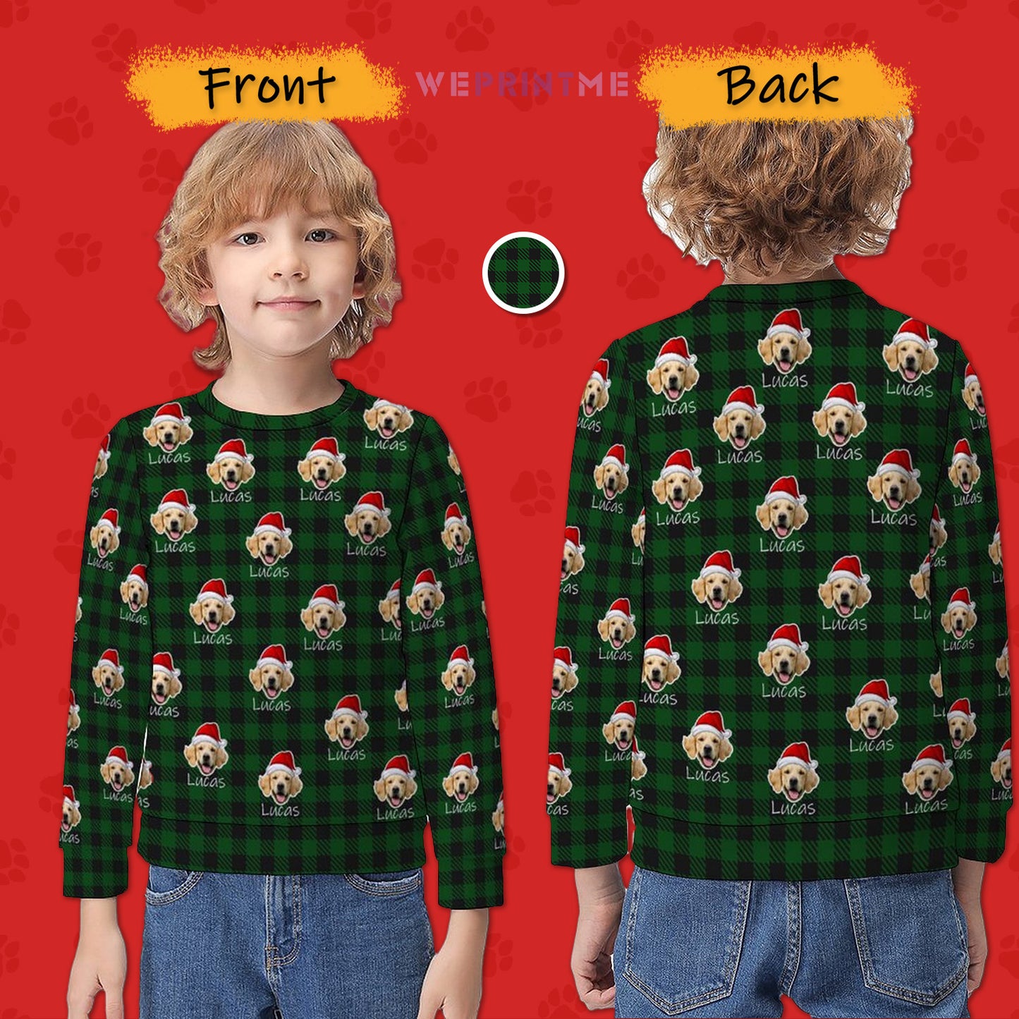 Custom Pet Face&Name Santa Hat Red Plaid Kids Sweatshirt