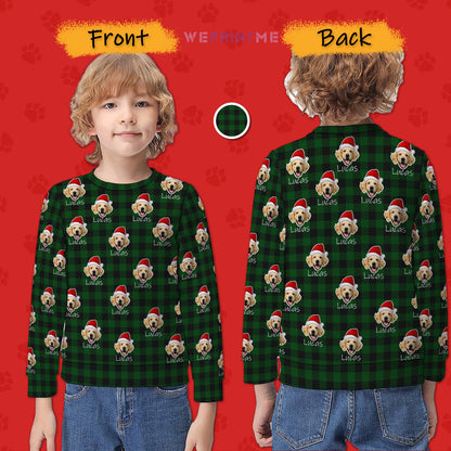 Custom Pet Face&Name Santa Hat Red Plaid Kids Sweatshirt