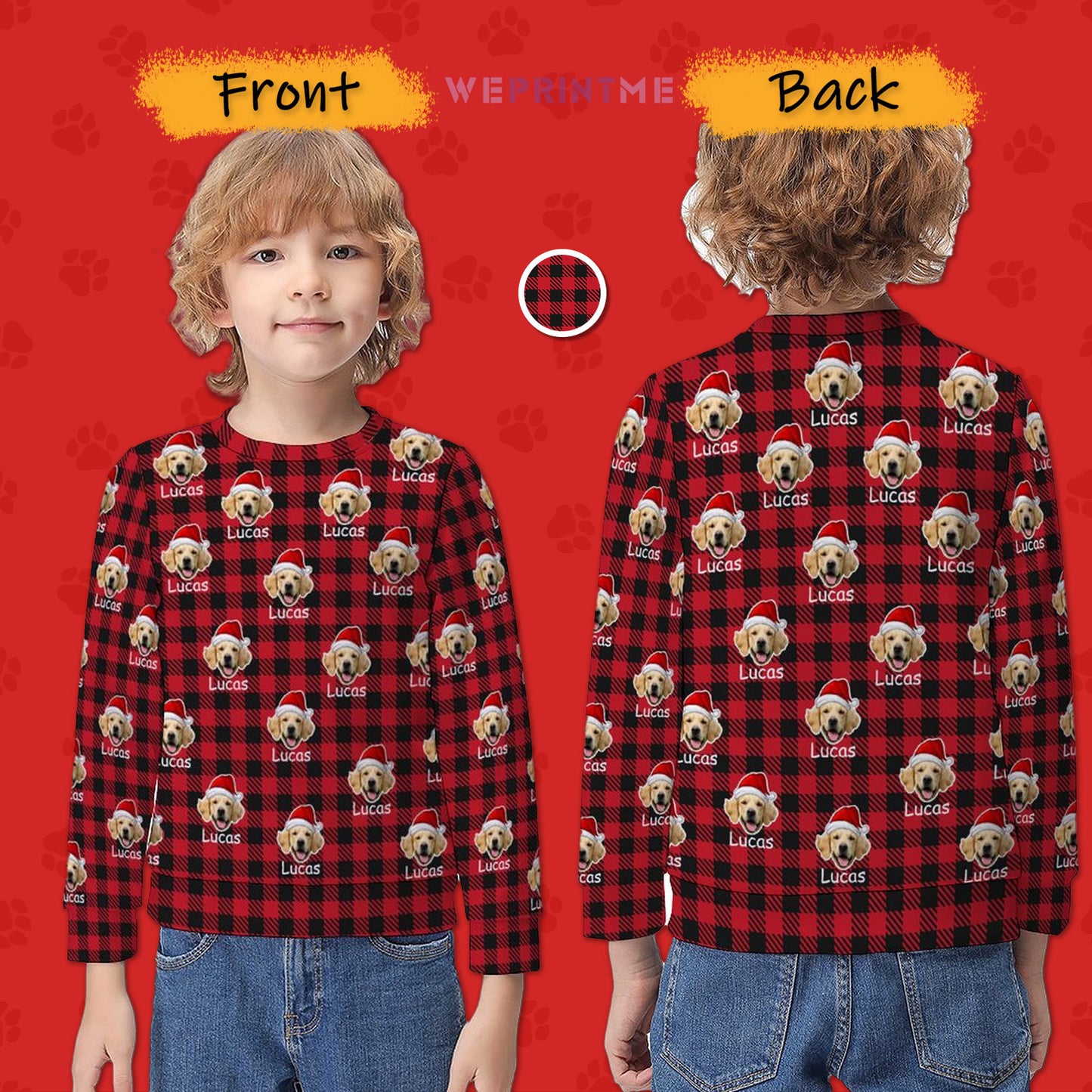 Custom Pet Face&Name Santa Hat Red Plaid Kids Sweatshirt