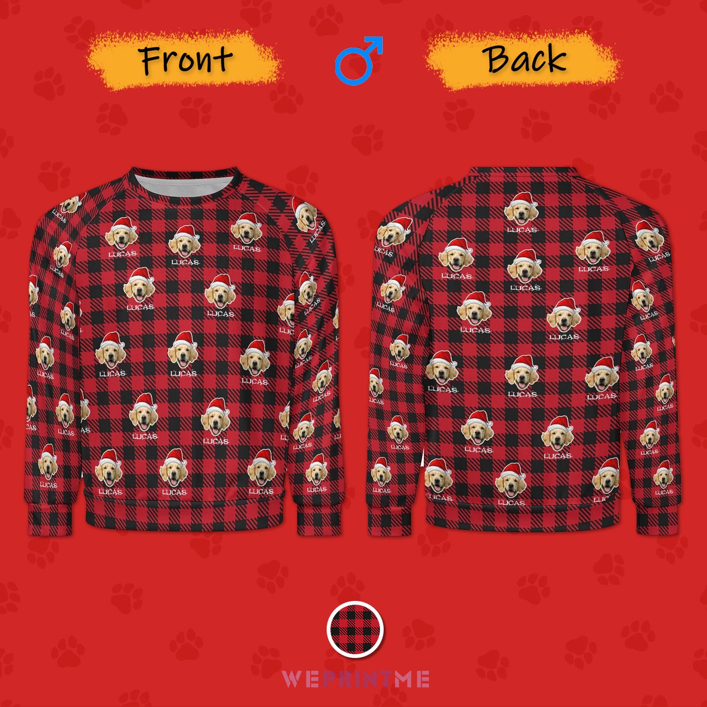 Custom Pet Face&Name Santa Hat Red Plaid Men's Sweatshirt