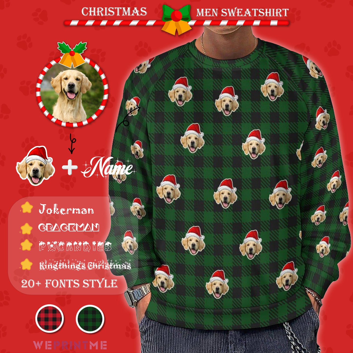 Custom Pet Face&Name Santa Hat Red Plaid Men's Sweatshirt