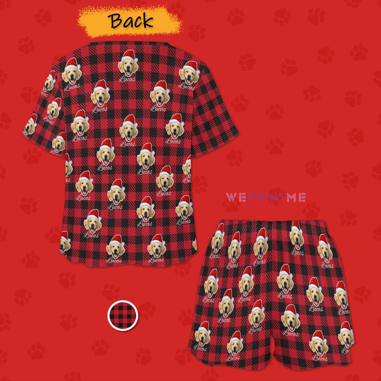 Custom Pet Face&Name Pajamas Santa Red Plaid Women's Short Pajama Set