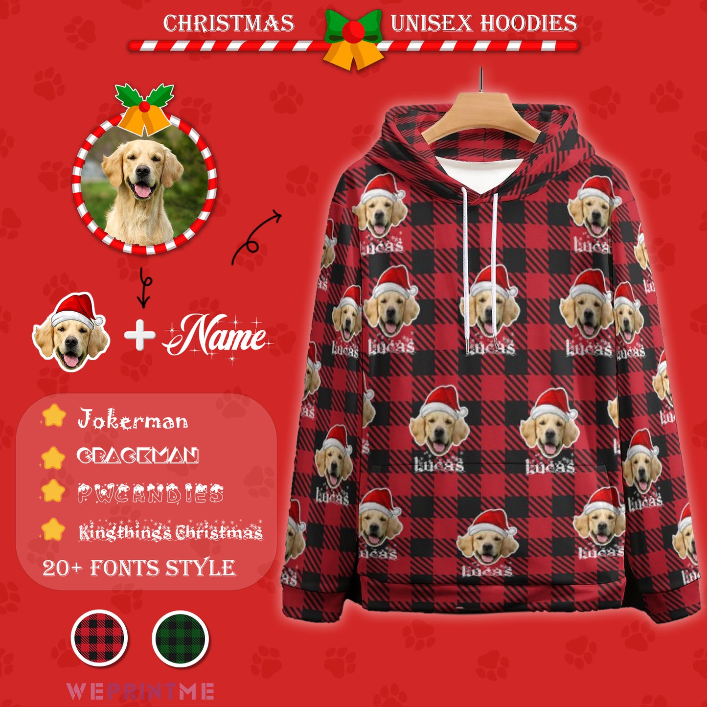 Custom Pet Face&Name Santa Hat Red Plaid Christmas Hoodies