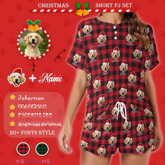 Custom Pet Face&Name Pajamas Santa Red Plaid Women's Short Pajama Set