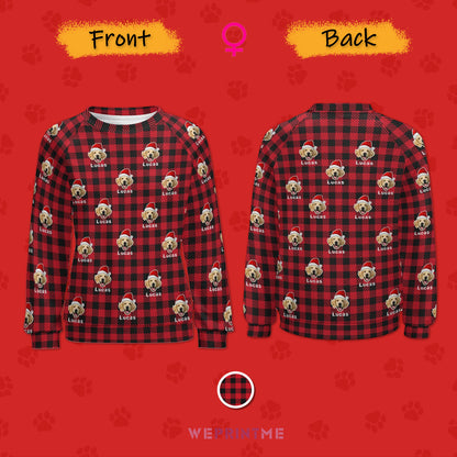 Custom Pet Face&Name Santa Red Plaid Women's Sweatshirt