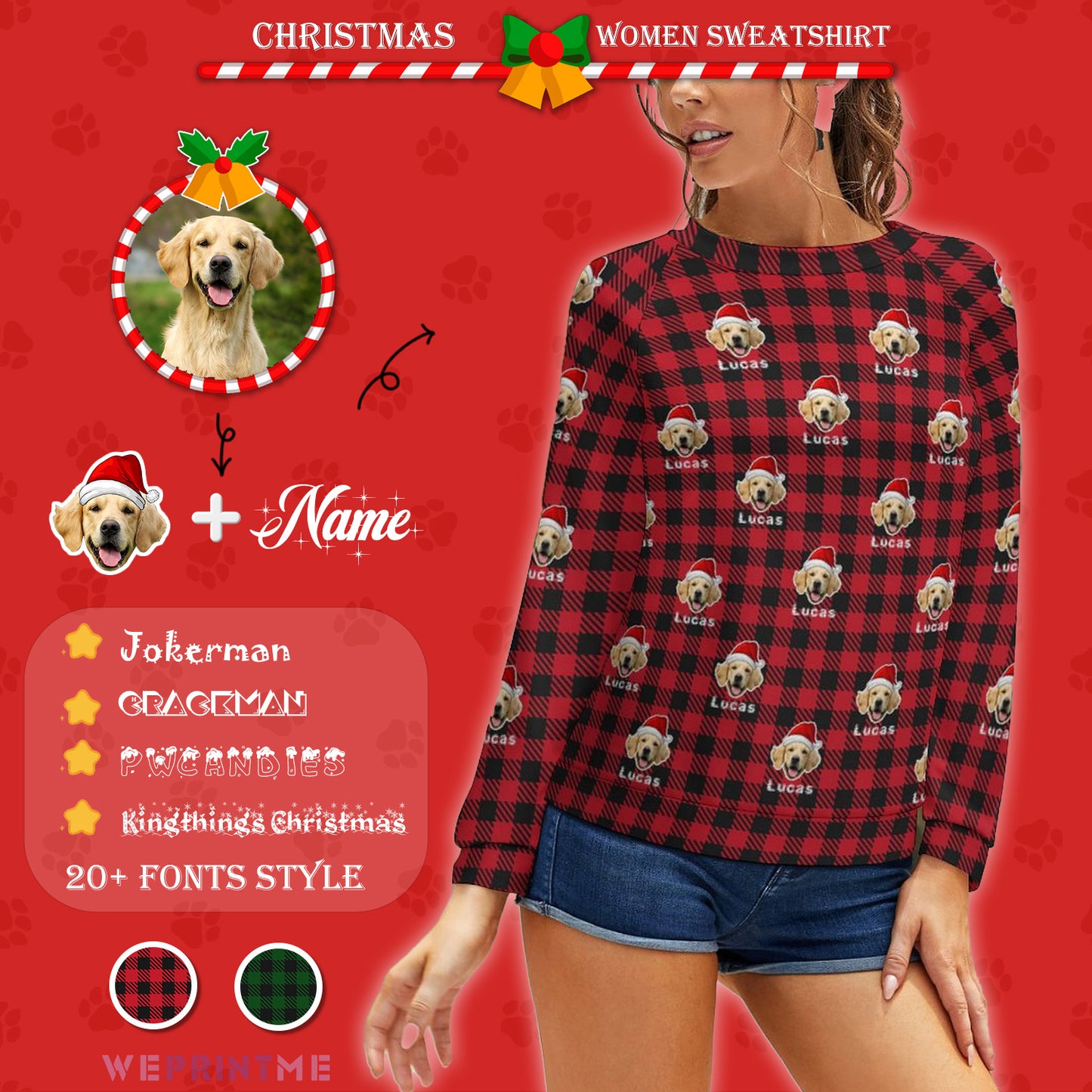 Custom Pet Face&Name Santa Red Plaid Women's Sweatshirt