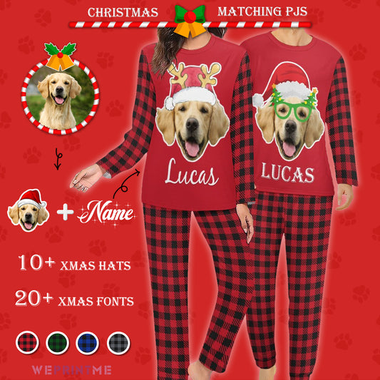 Custom Pet Face&Name Plaid Christmas Couple Matching Pajamas