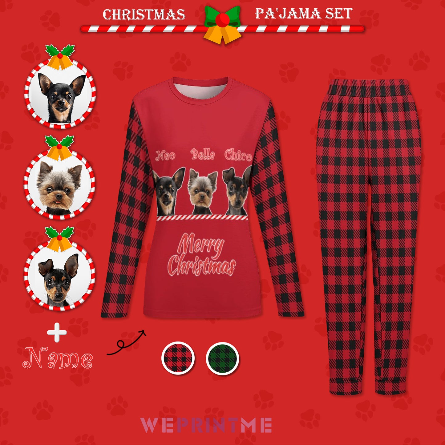 Custom Pet Face Candy Pets Christmas Pajama Set