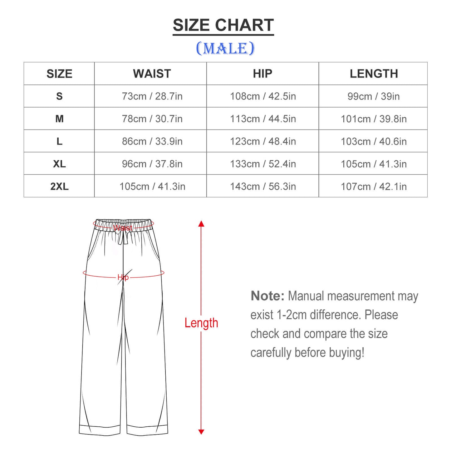 Male V-Neck Long Sleeve Pajamas Size Chart-Pants-WEPRINTME