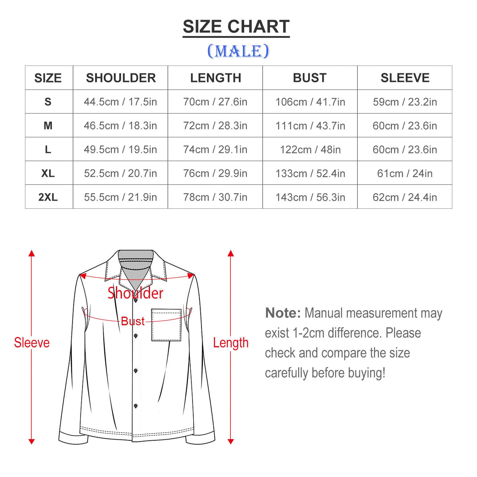 Male V-Neck Long Sleeve Pajamas Size Chart-Shirts-WEPRINTME