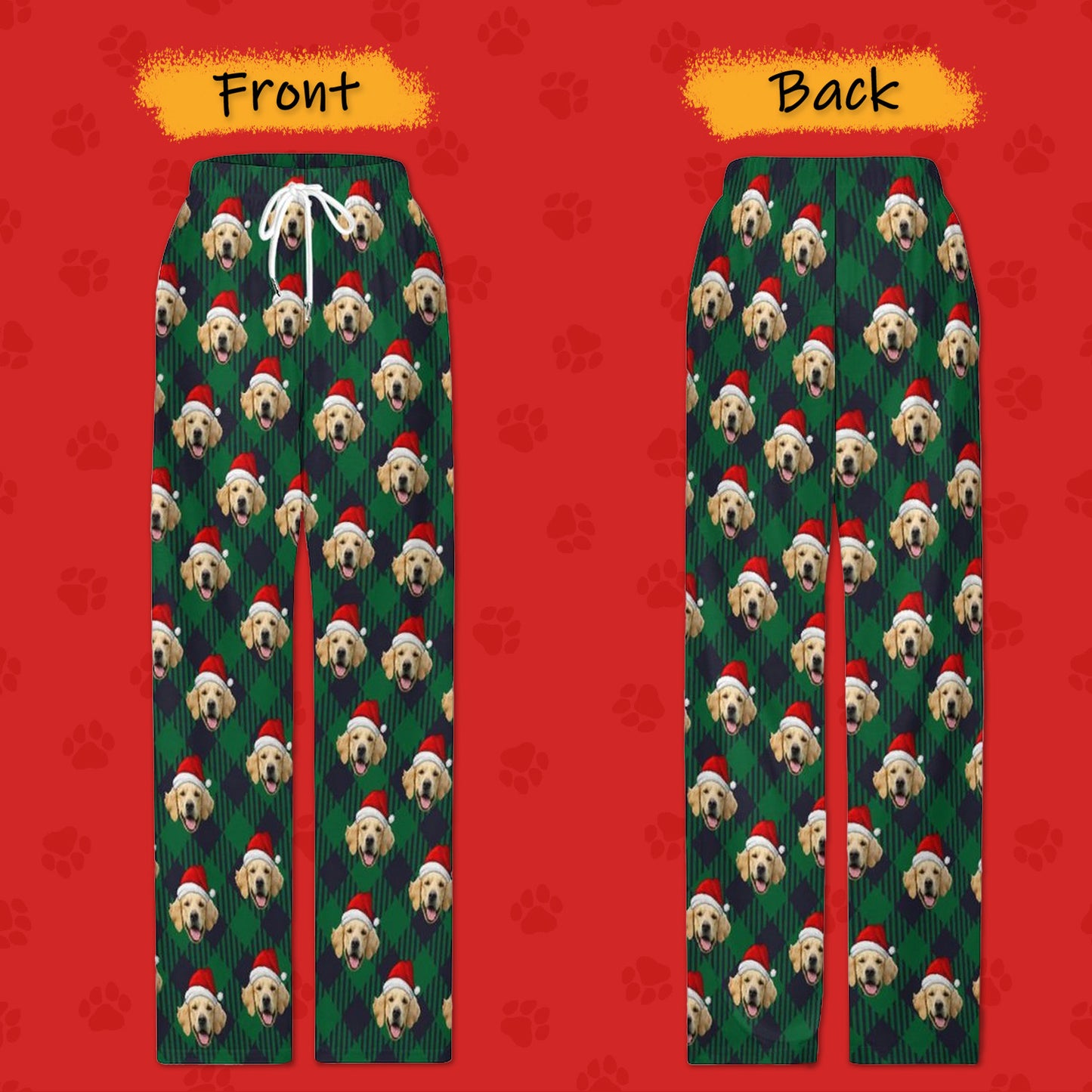 Custom Pet Face Pajama Pants Dark Green Stripe Christmas Pants