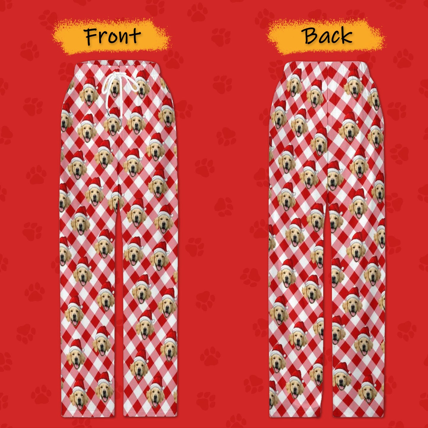 Custom Pet Face Pajama Pants Light Red Plaid Christmas Pants