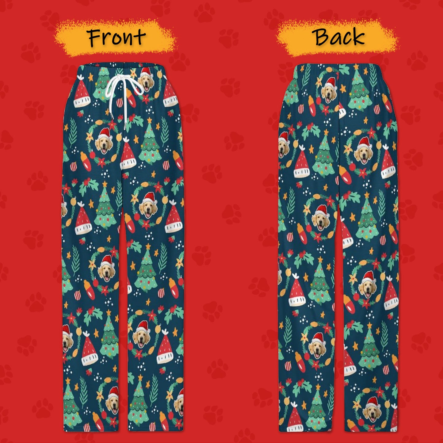 Custom Pet Face Pajama Pants Wreath Christmas Pants