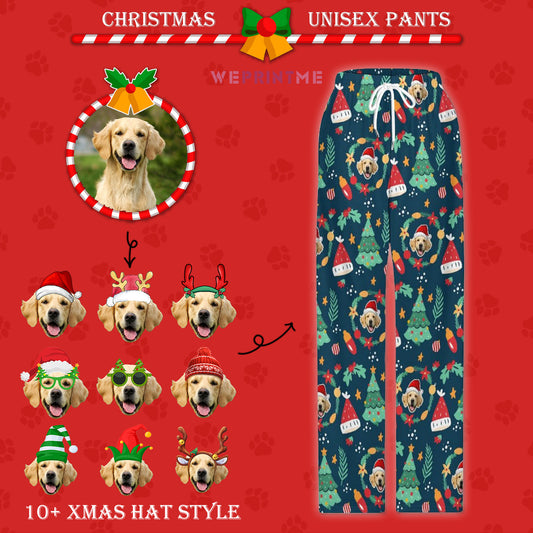 Custom Pet Face Pajama Pants Wreath Christmas Pants