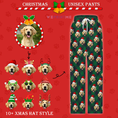 Custom Pet Face Pajama Pants Dark Green Stripe Christmas Pants