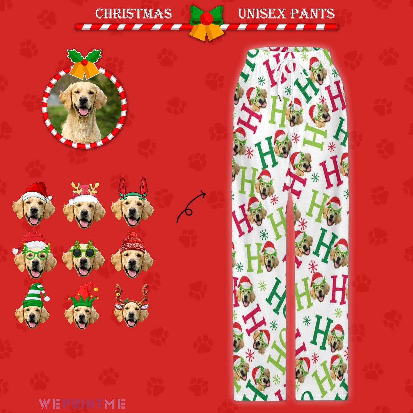 Custom Pet Face Pajama Pants HO HO HO Christmas Pants