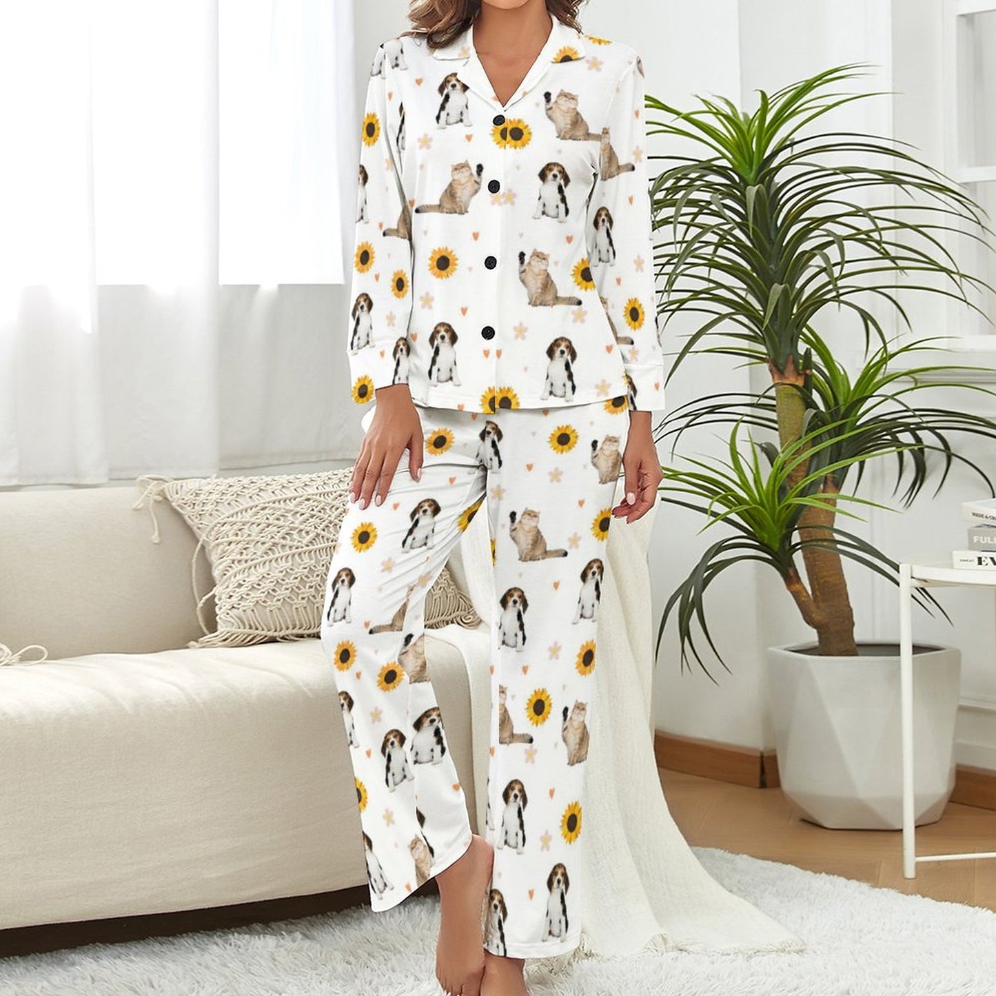 Personalized Pet Pajamas Sun Flower Women's Long Sleeve Pajama Set