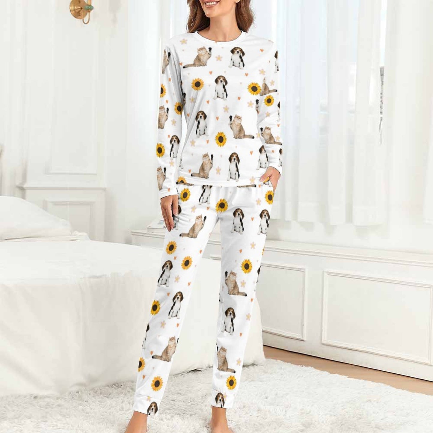 Personalized Pet Pajamas Sun Flowers Women's Long Sleeve Pajamas