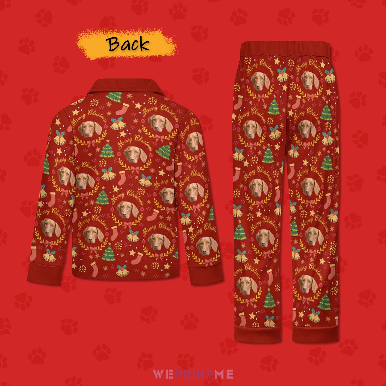 Custom Pet Face Wreath Kids Christmas Pajamas-Red Back-WEPRINTME