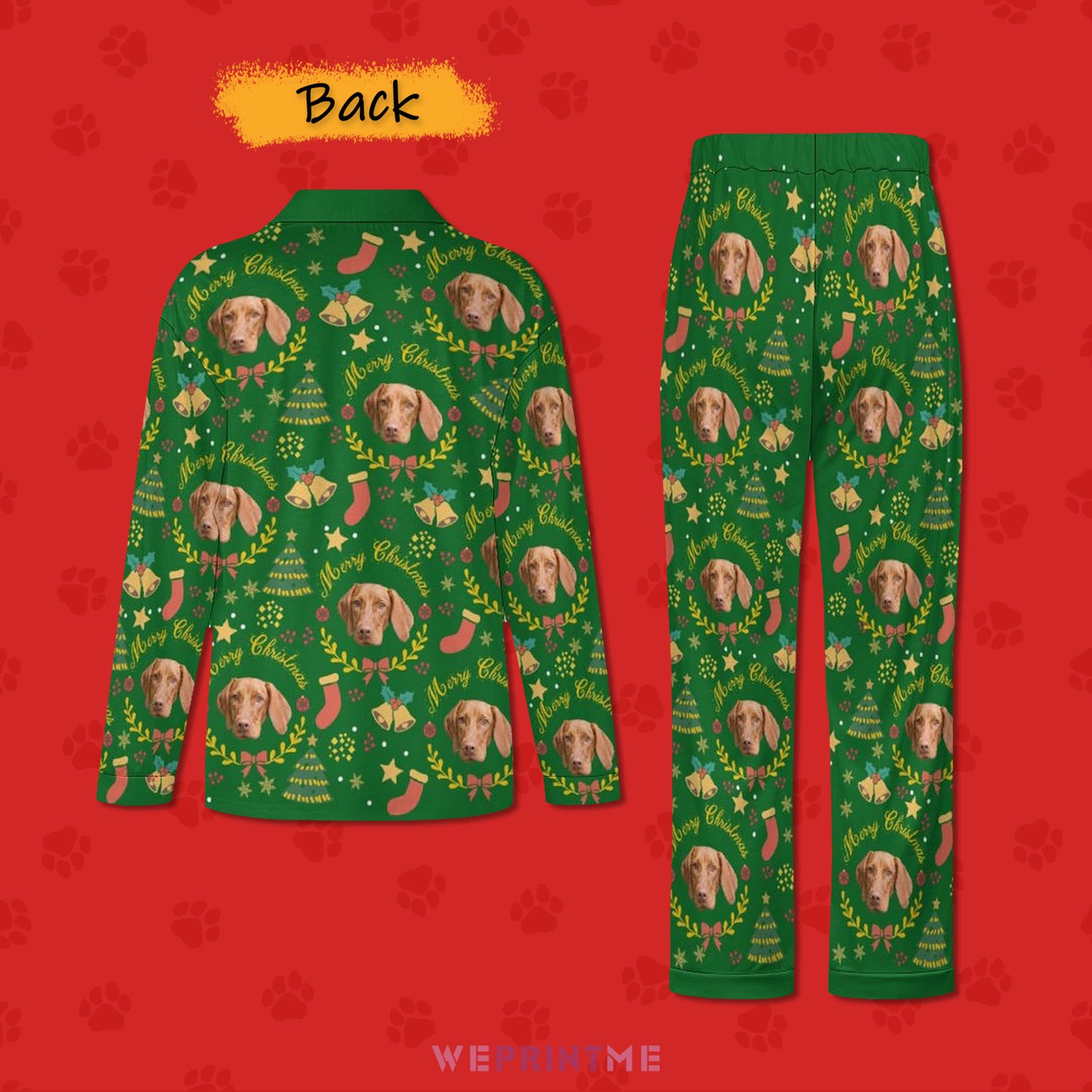 Custom Pet Face Wreath Christmas Matching Pajamas-Back Green-WEPRINTME