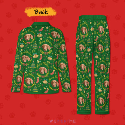 Custom Pet Face Wreath Christmas Matching Pajamas-Back Green-WEPRINTME