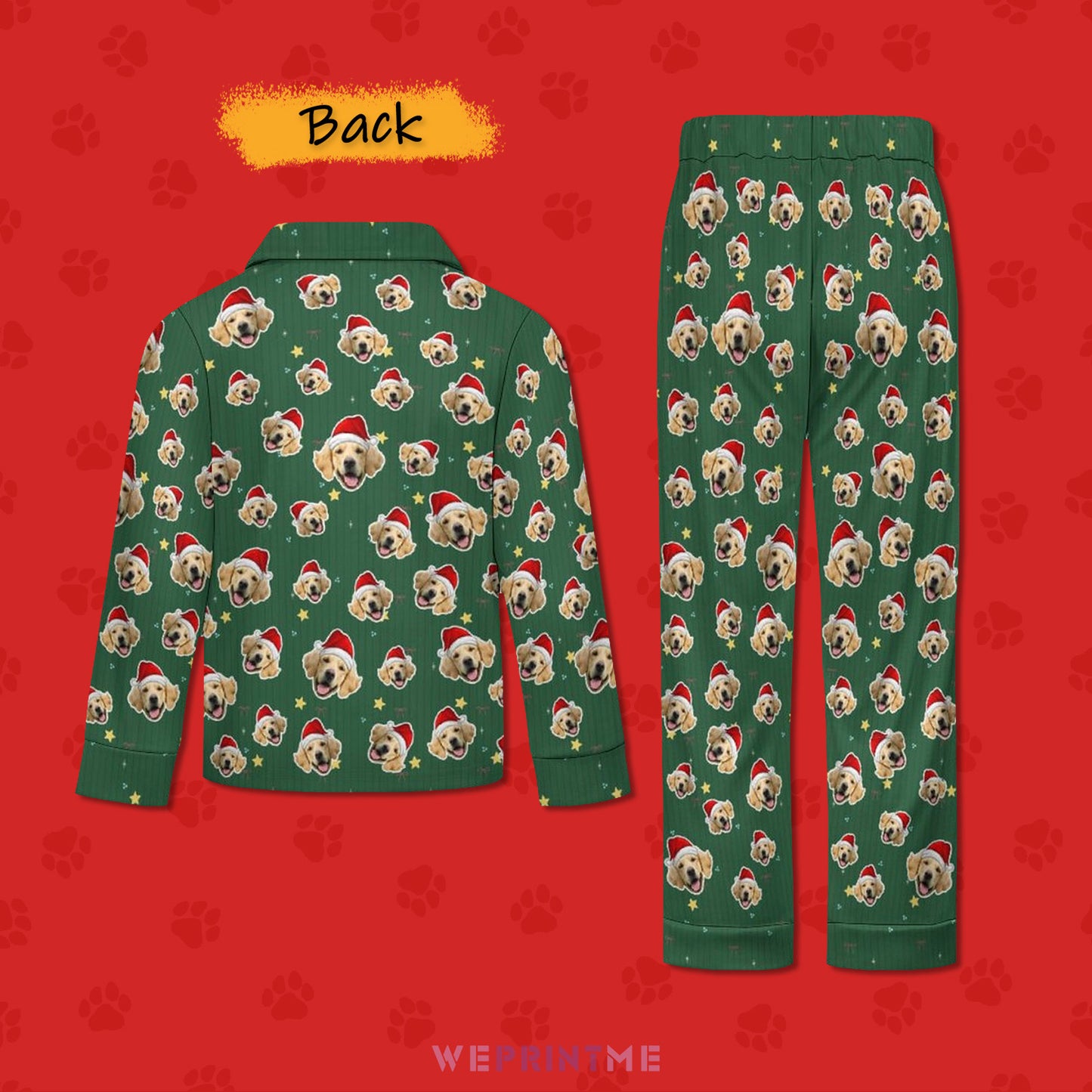 Custom Pet Face Everywhere Christmas Kids Pajamas-Green Stars-Back-WEPRINTME