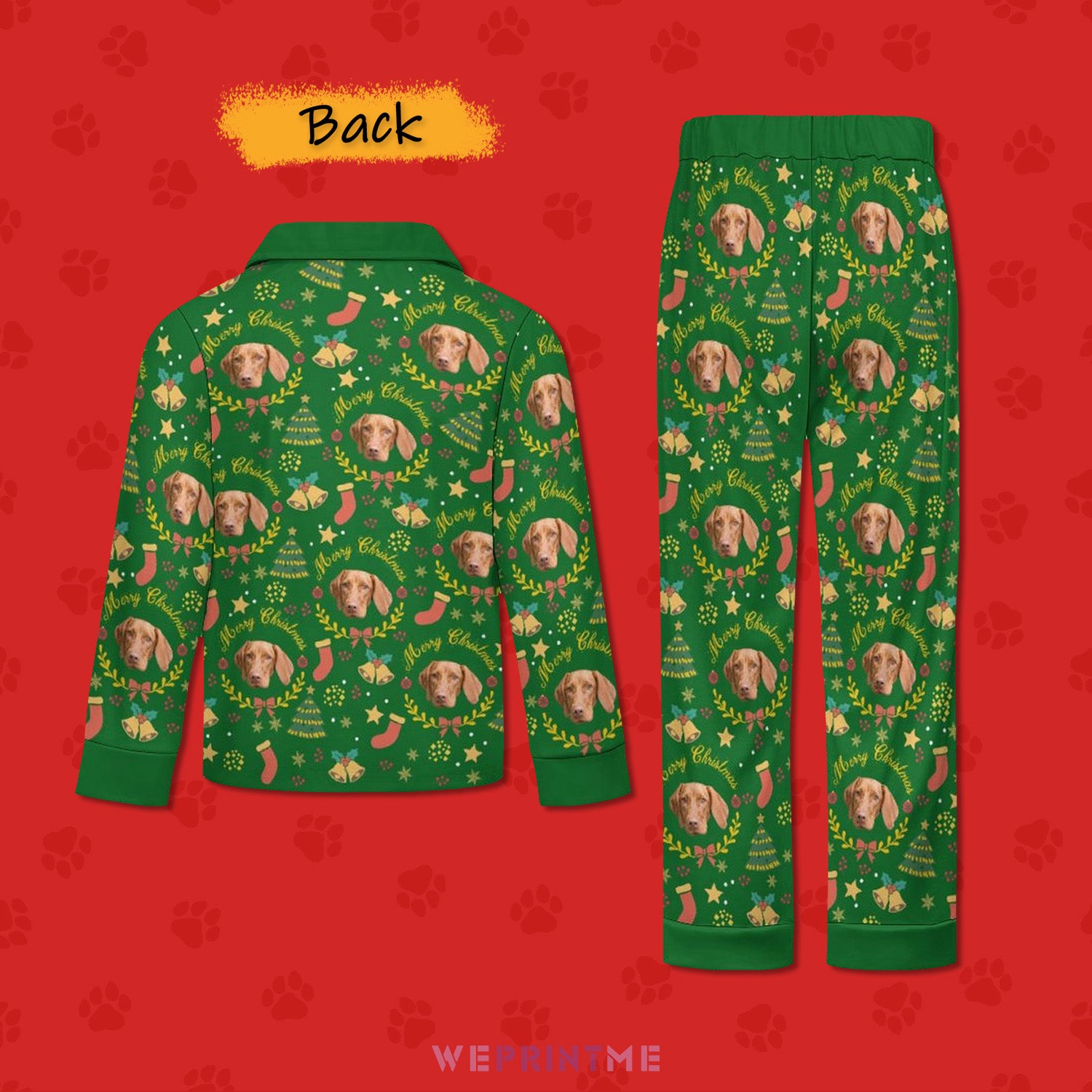 Custom Pet Face Wreath Kids Christmas Pajamas-Green Back-WEPRINTME