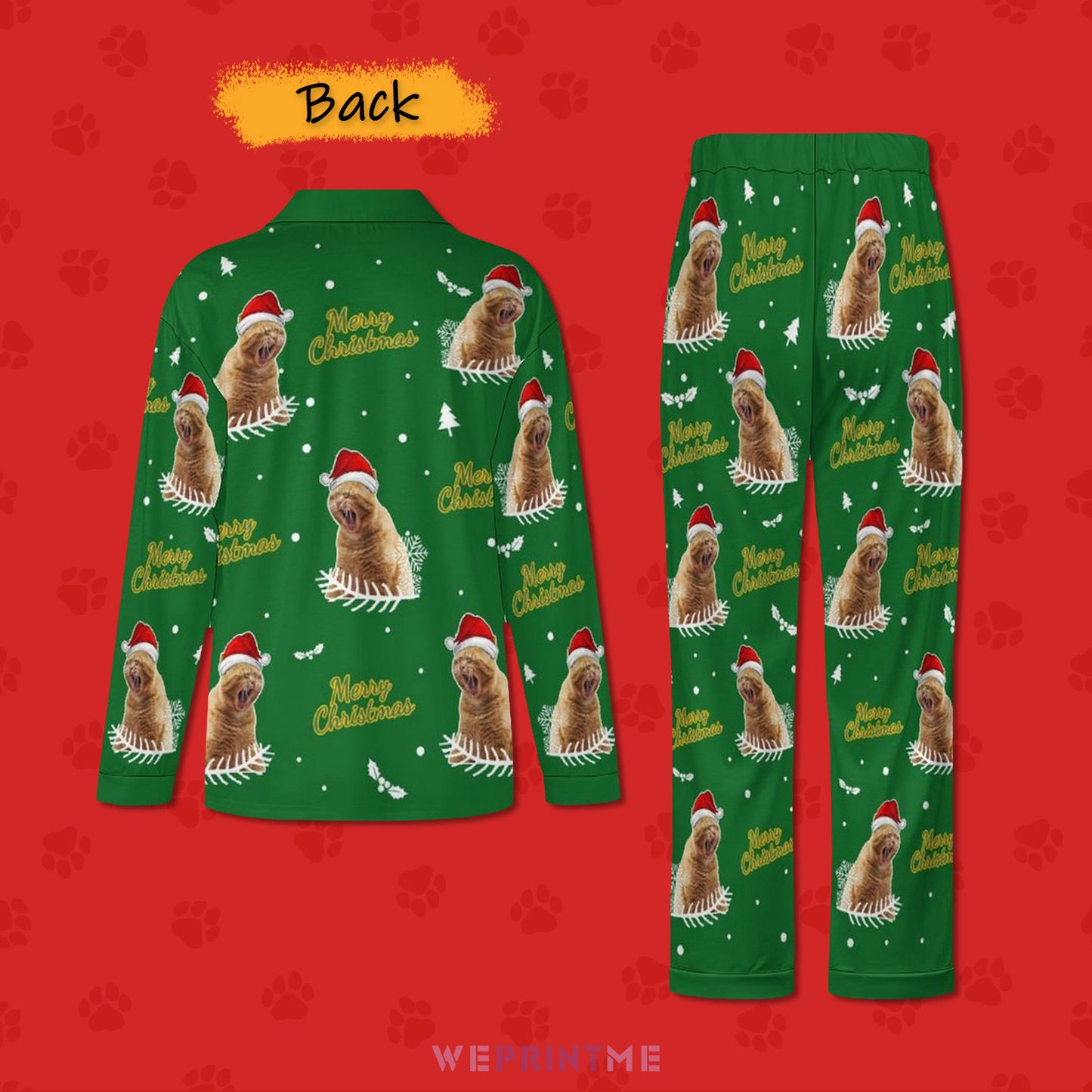 Custom Pet Face Merry Christmas Matching Pajamas-Green Back-WEPRINTME