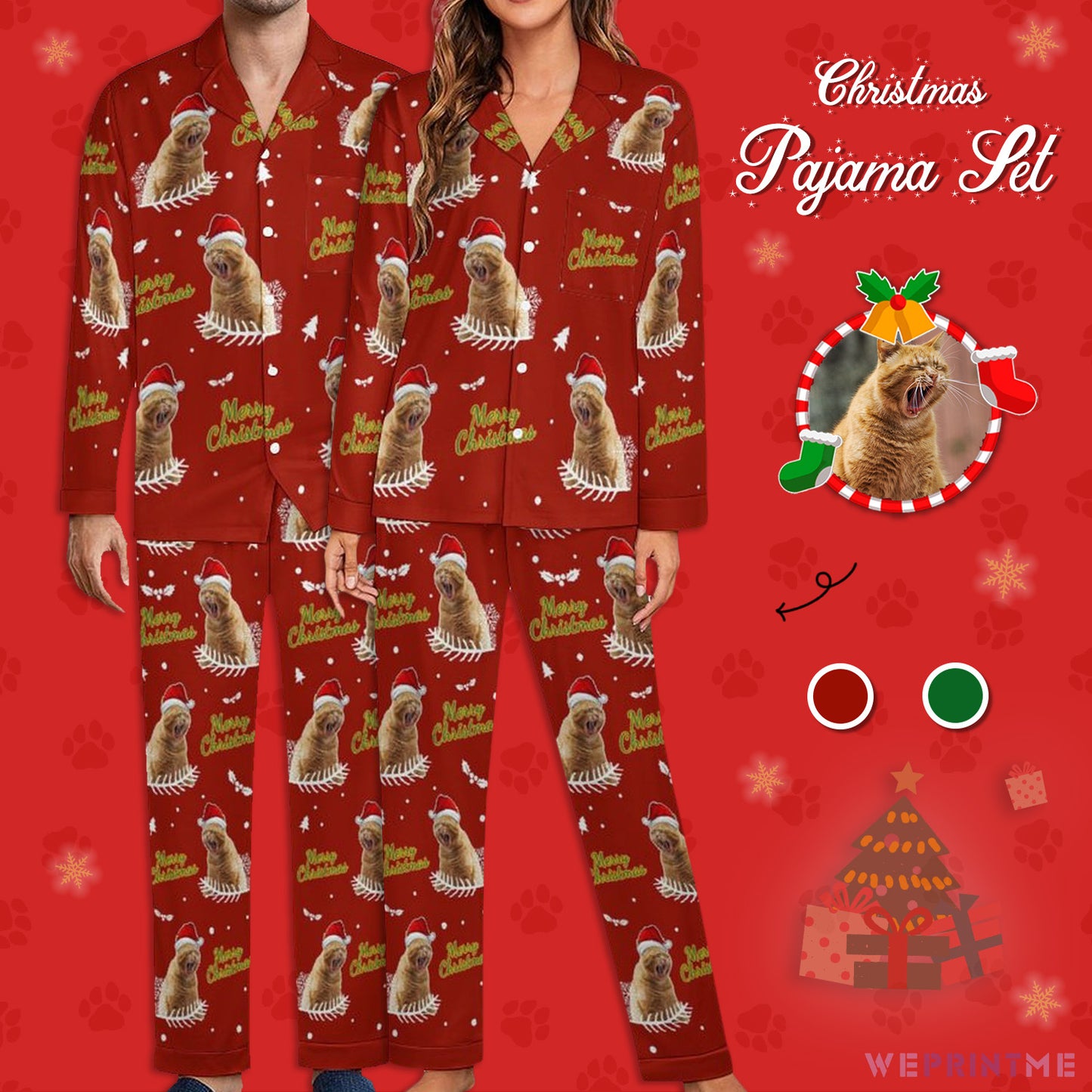 Custom Pet Face Merry Christmas Matching Pajamas-Red-WEPRINTME