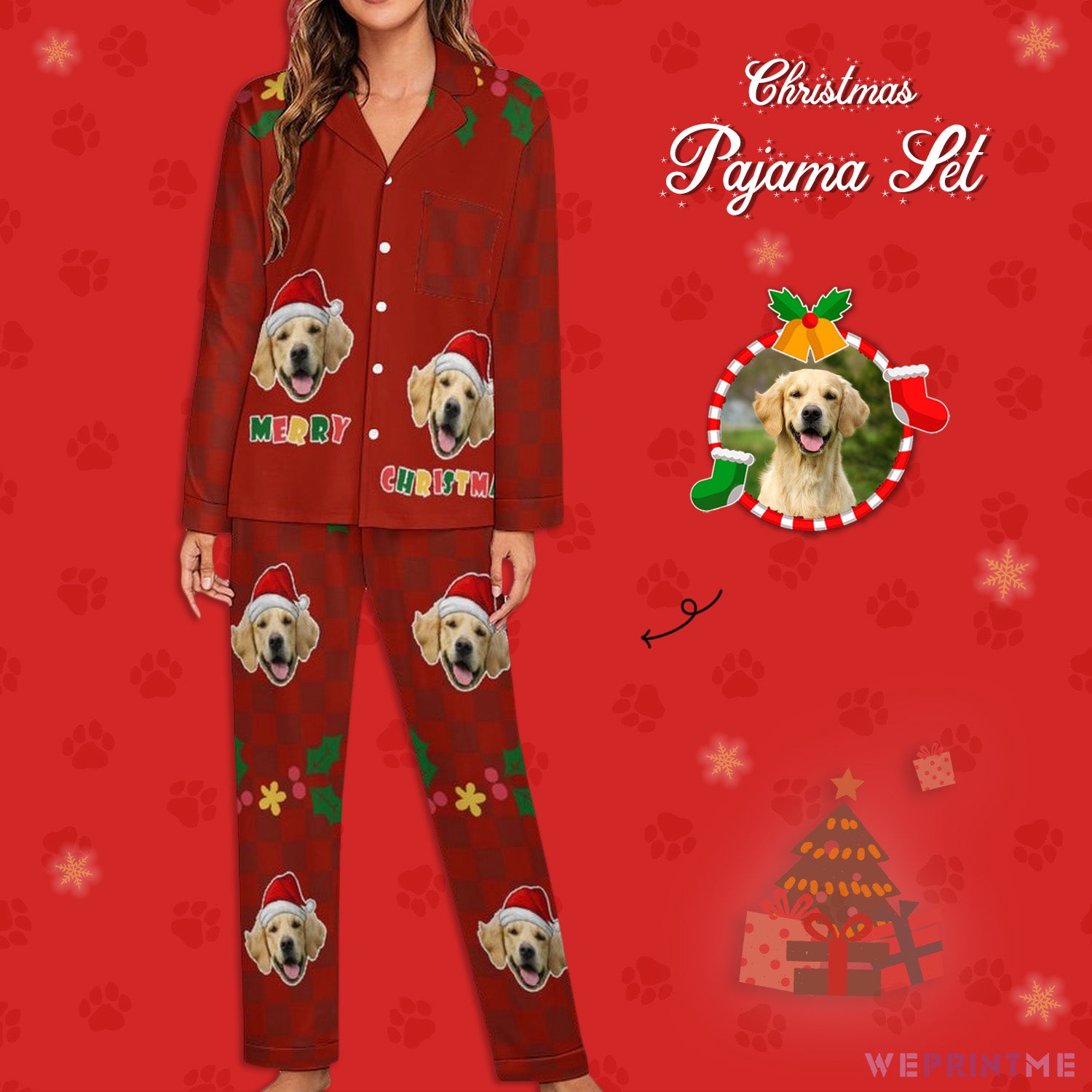 Custom Pet Face Merry Christmas Women Long Pajamas-WEPRINTME