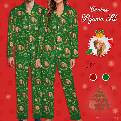 Custom Pet Face Wreath Christmas Matching Pajamas-Main Green-WEPRINTME